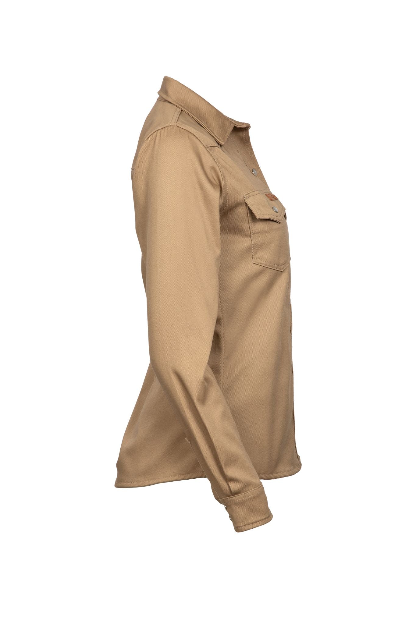 woman wearing flame-resistant welding shirt in khaki