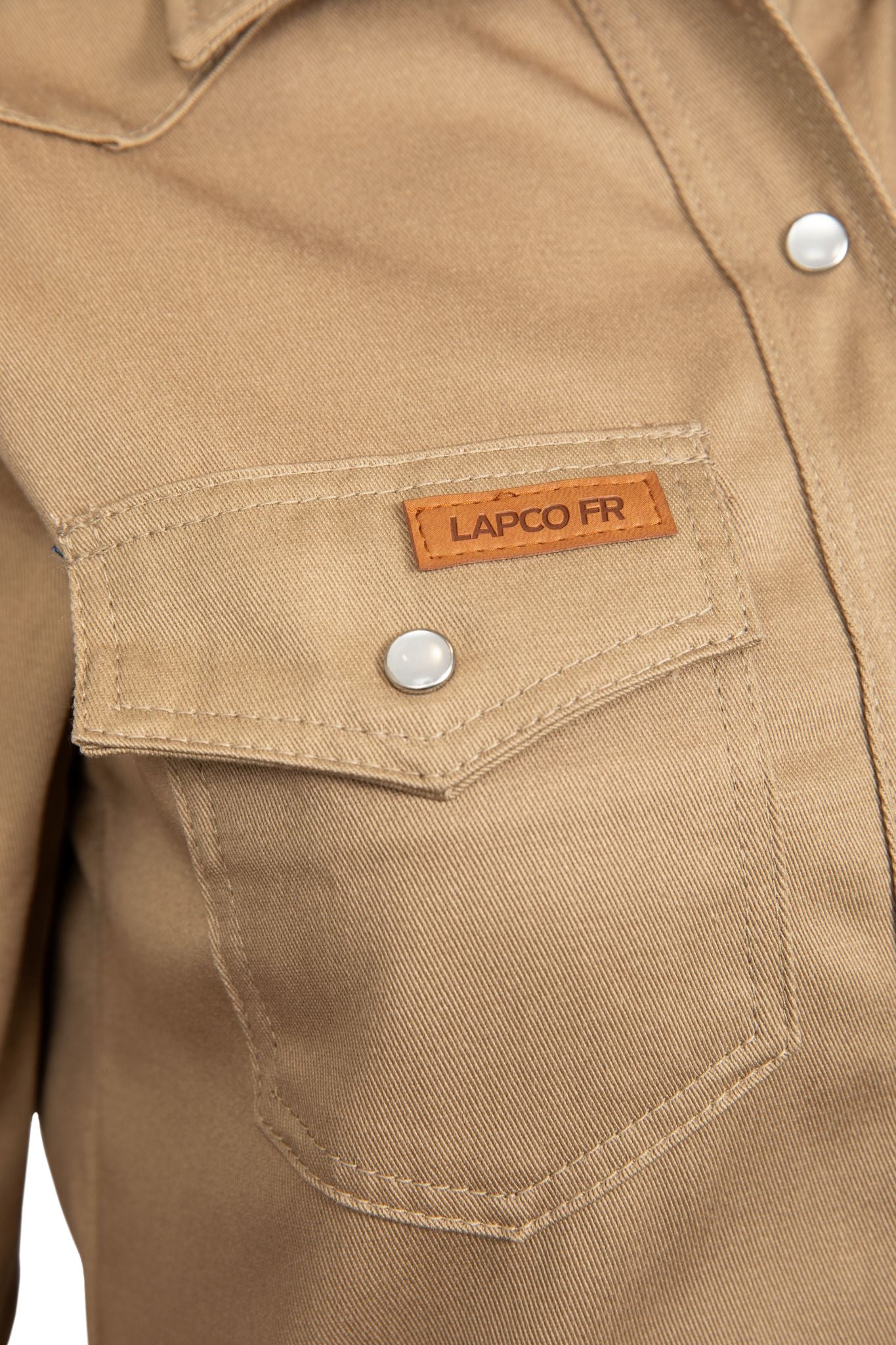 ladies khaki FR welding shirt with NFPA 2112 compliance