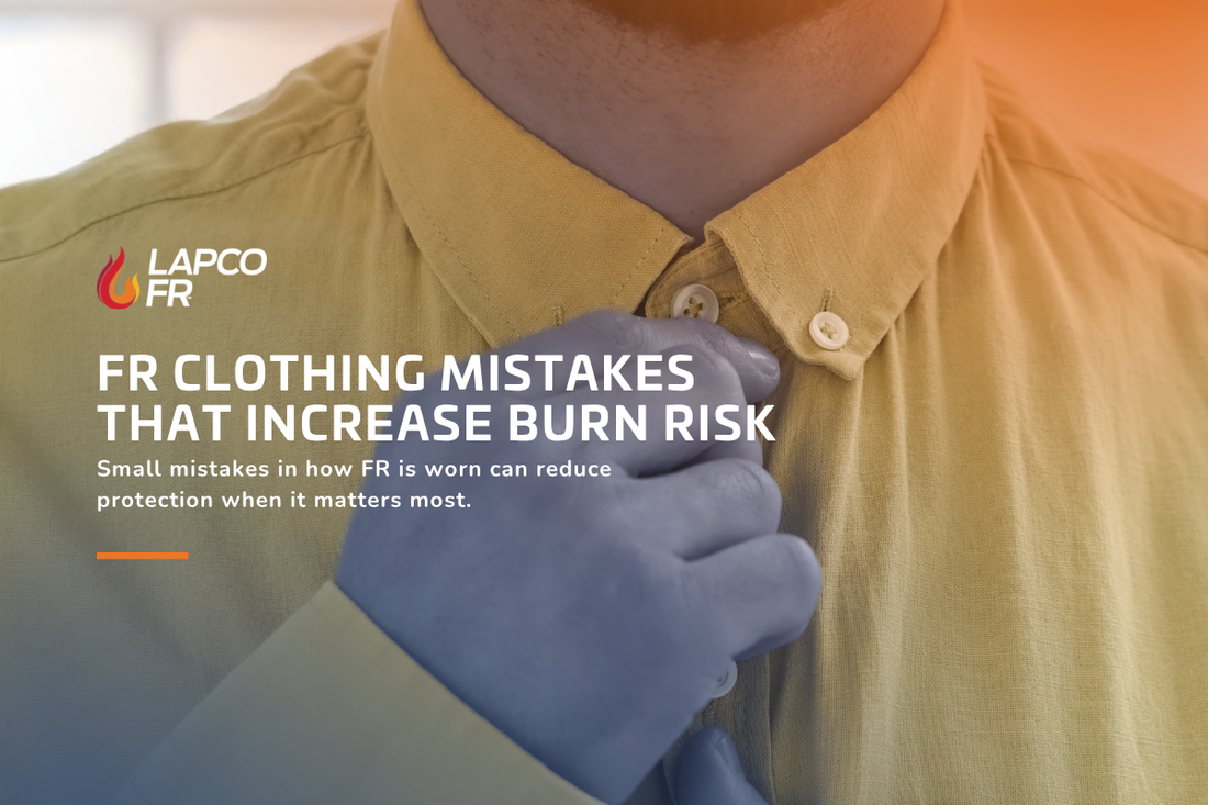Worker buttoning FR shirt properly to ensure full protection and safety compliance