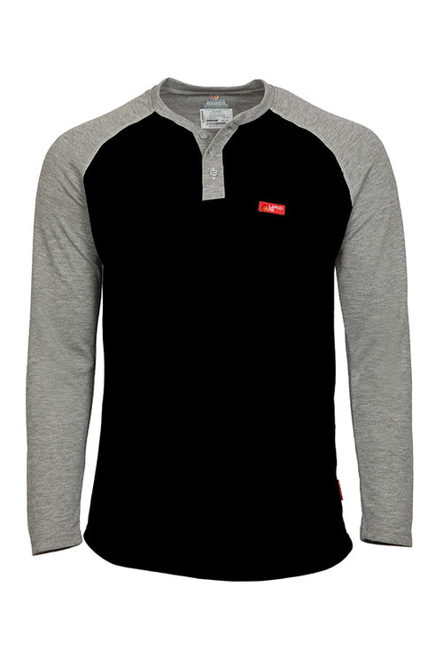 Flame-Resistant Raglan Sleeve Henley T-Shirt – 6oz. Inherent Knit | Black-Gray