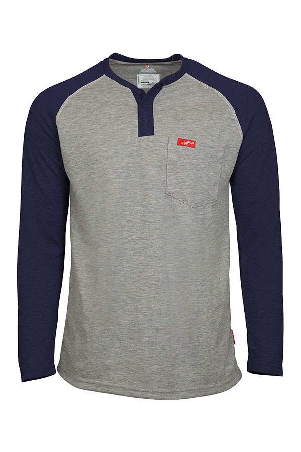 Flame-Resistant Raglan Sleeve Henley T-Shirt – 6oz. Inherent Knit | Gray-Navy