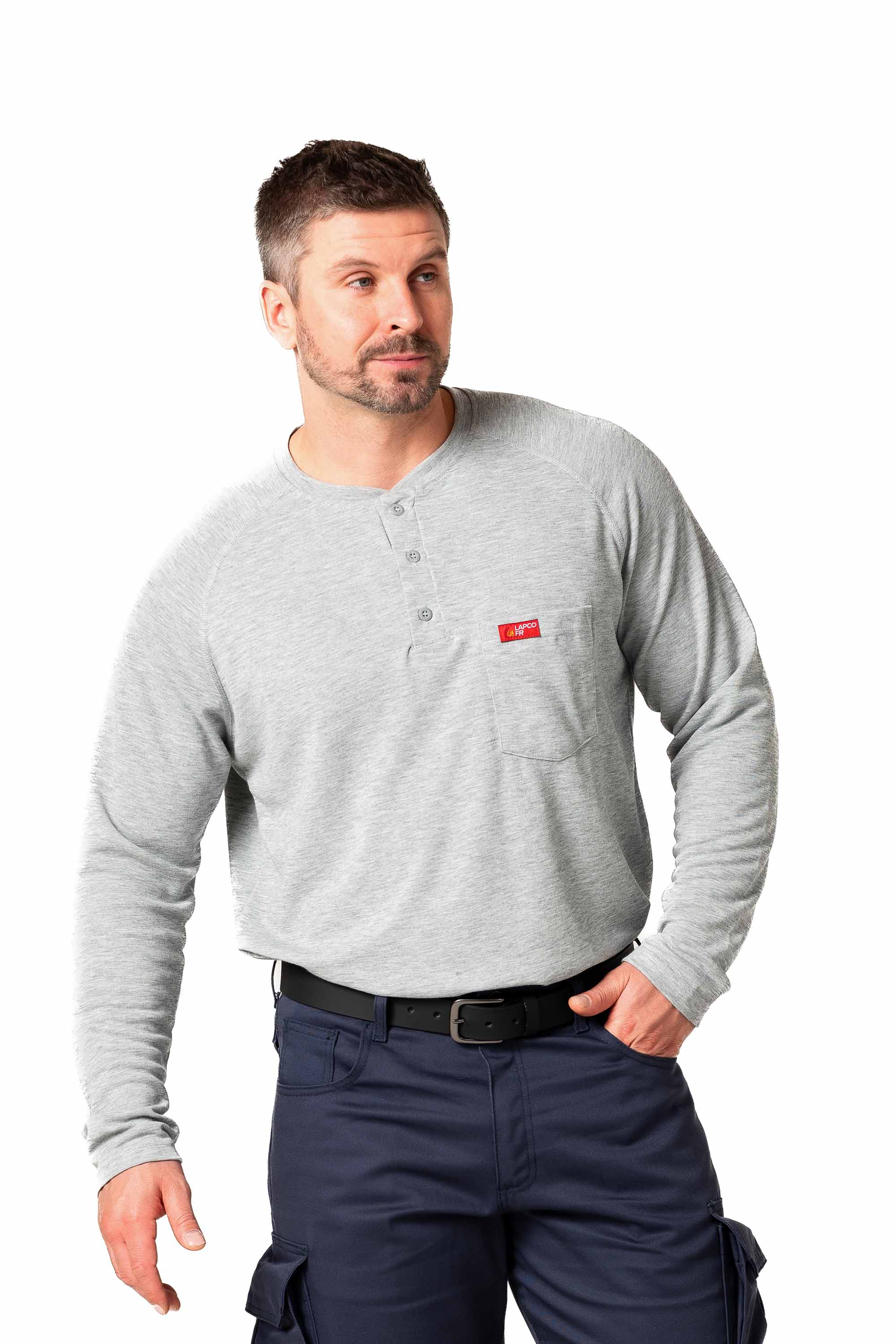 Flame-Resistant Raglan Sleeve Henley T-Shirt – 6oz. Inherent Knit | Gray