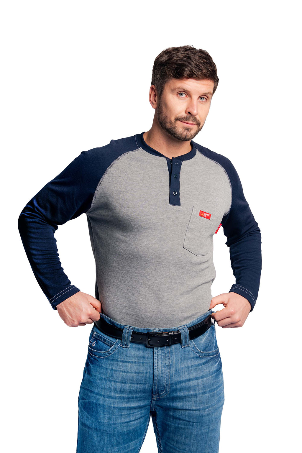 Flame-Resistant Raglan Sleeve Henley T-Shirt – 6oz. Inherent Knit | Gray-Navy