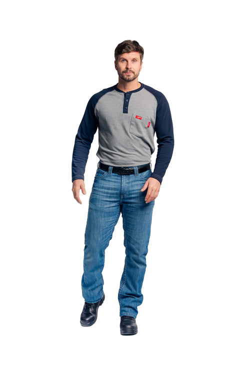 Flame-Resistant Raglan Sleeve Henley T-Shirt – 6oz. Inherent Knit | Gray-Navy
