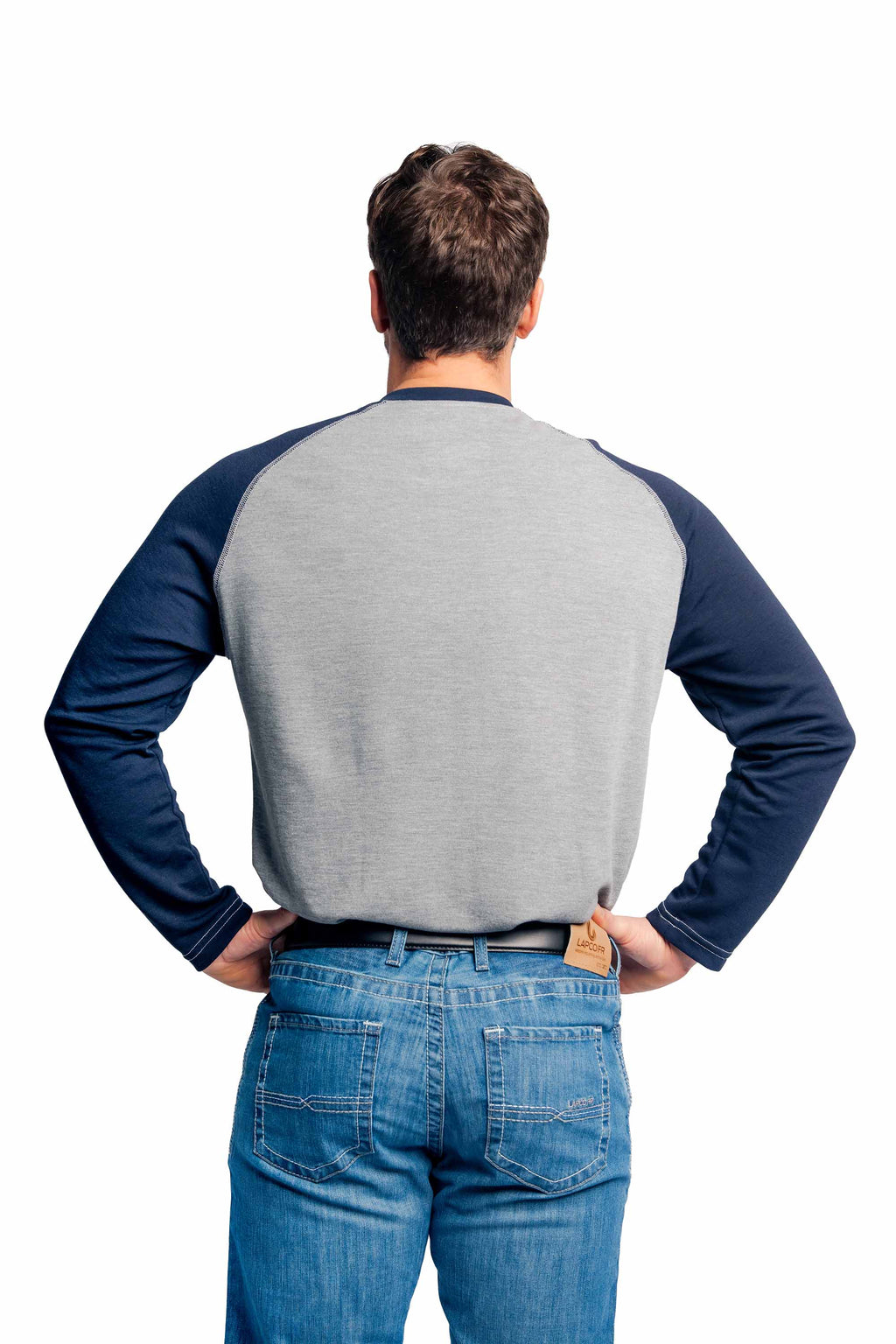 Flame-Resistant Raglan Sleeve Henley T-Shirt – 6oz. Inherent Knit | Gray-Navy