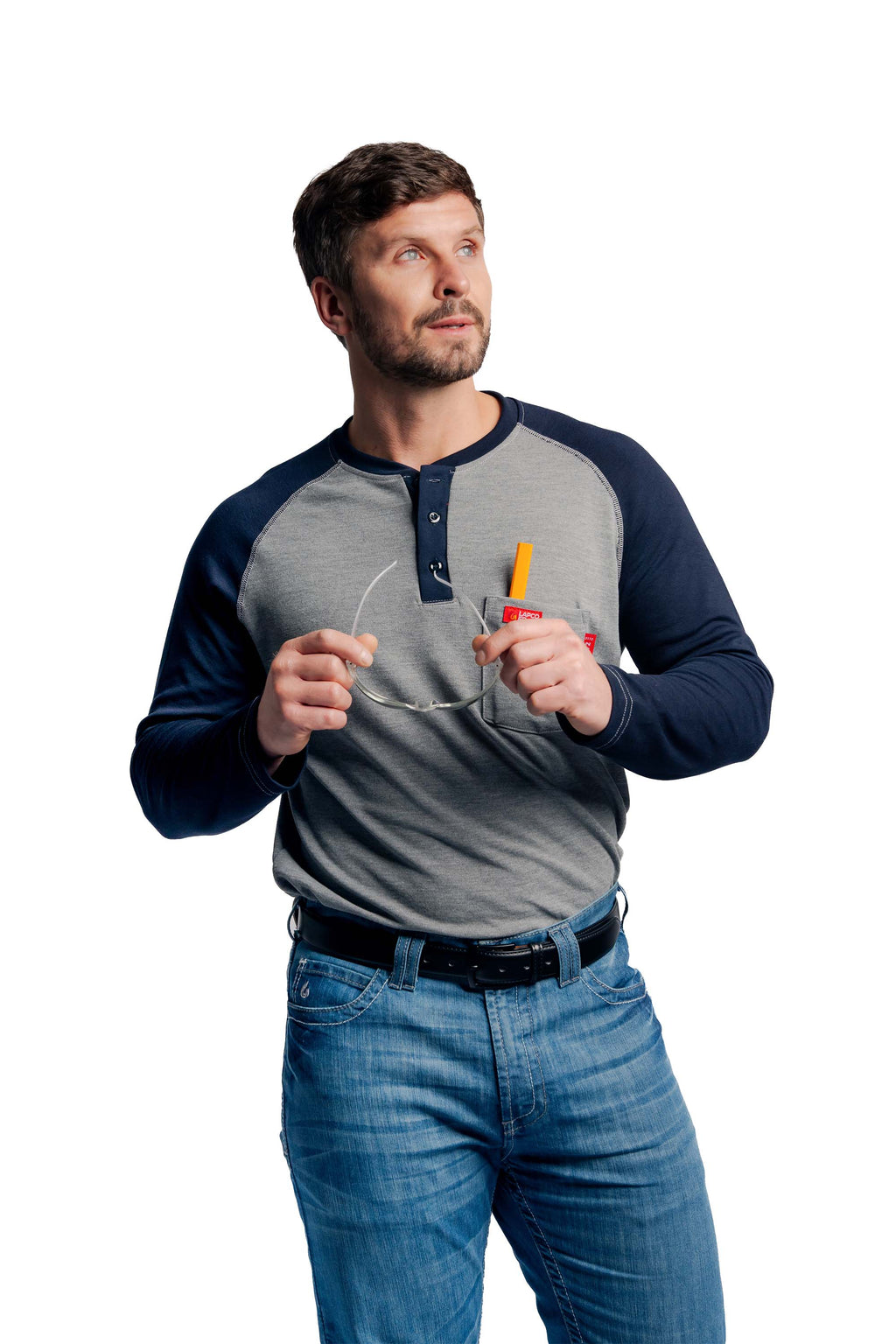 Flame-Resistant Raglan Sleeve Henley T-Shirt – 6oz. Inherent Knit | Gray-Navy