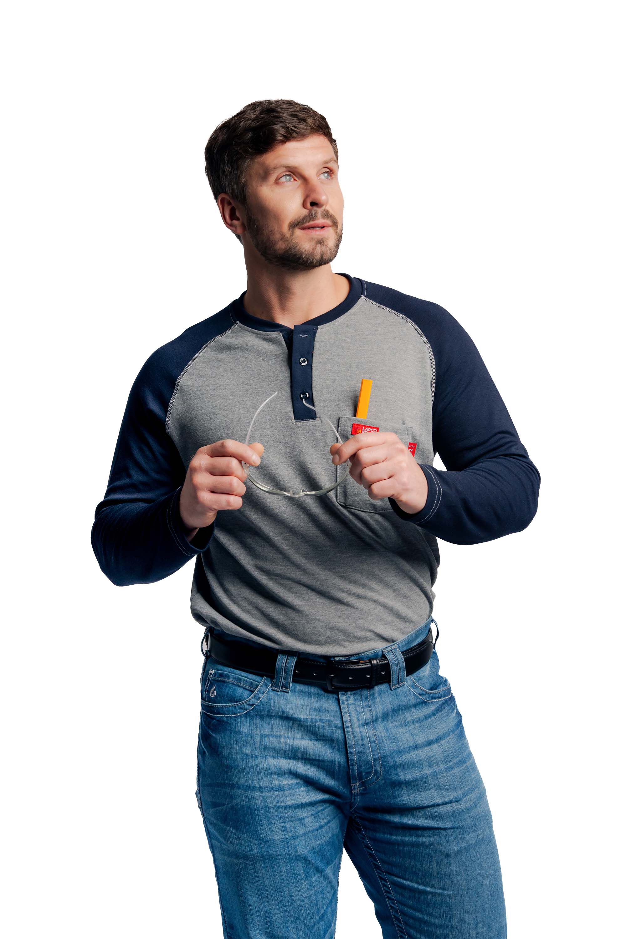 Flame-Resistant Raglan Sleeve Henley T-Shirt – 6oz. Inherent Knit | Gray-Navy