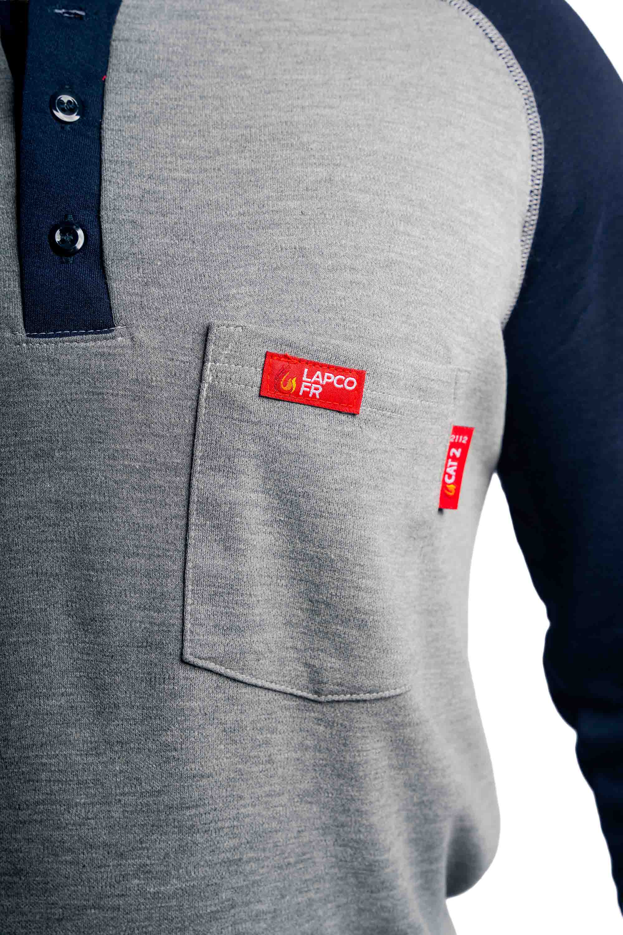 Flame-Resistant Raglan Sleeve Henley T-Shirt – 6oz. Inherent Knit | Gray-Navy