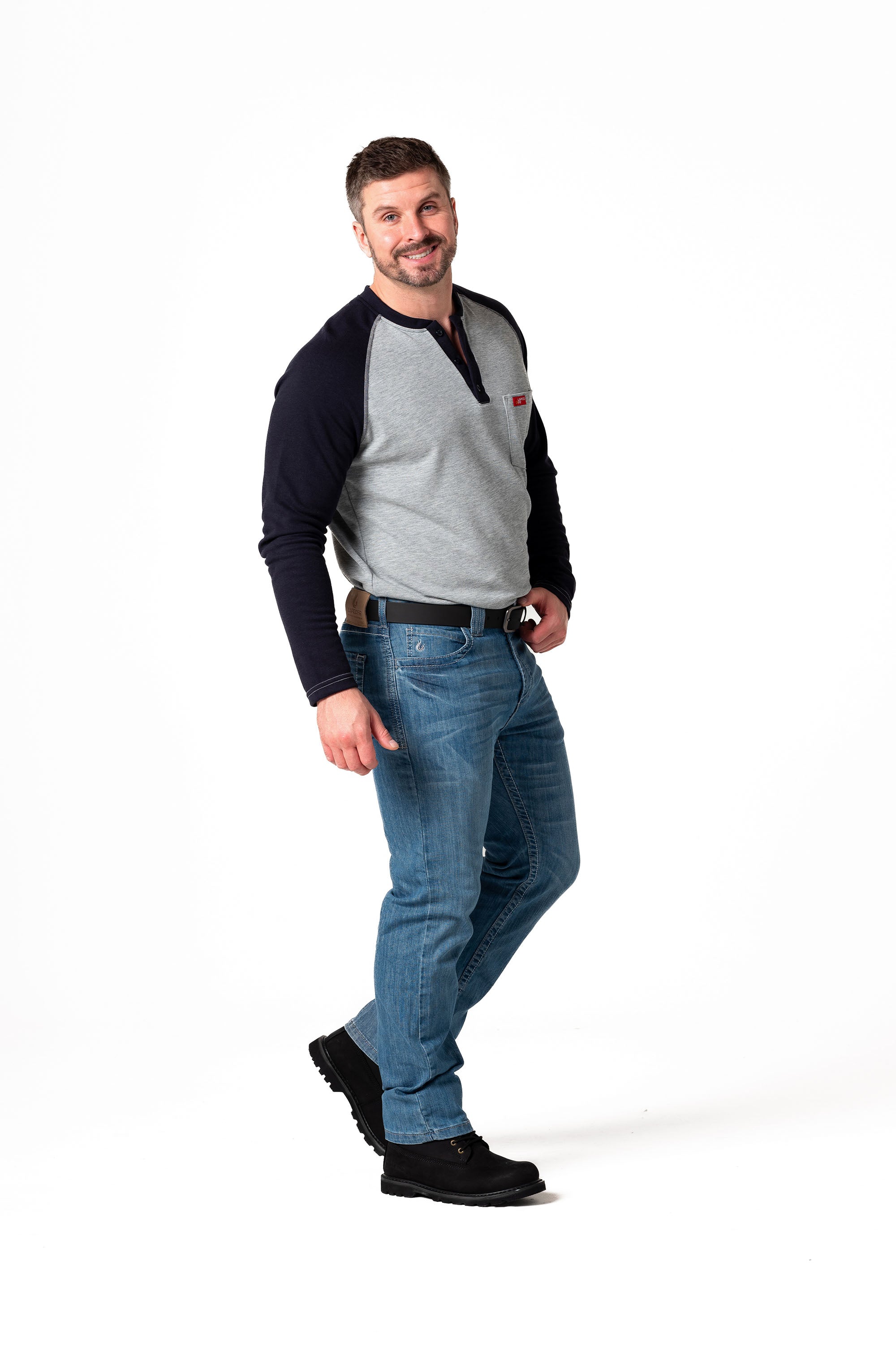 Flame-Resistant Raglan Sleeve Henley T-Shirt – 6oz. Inherent Knit | Gray-Navy