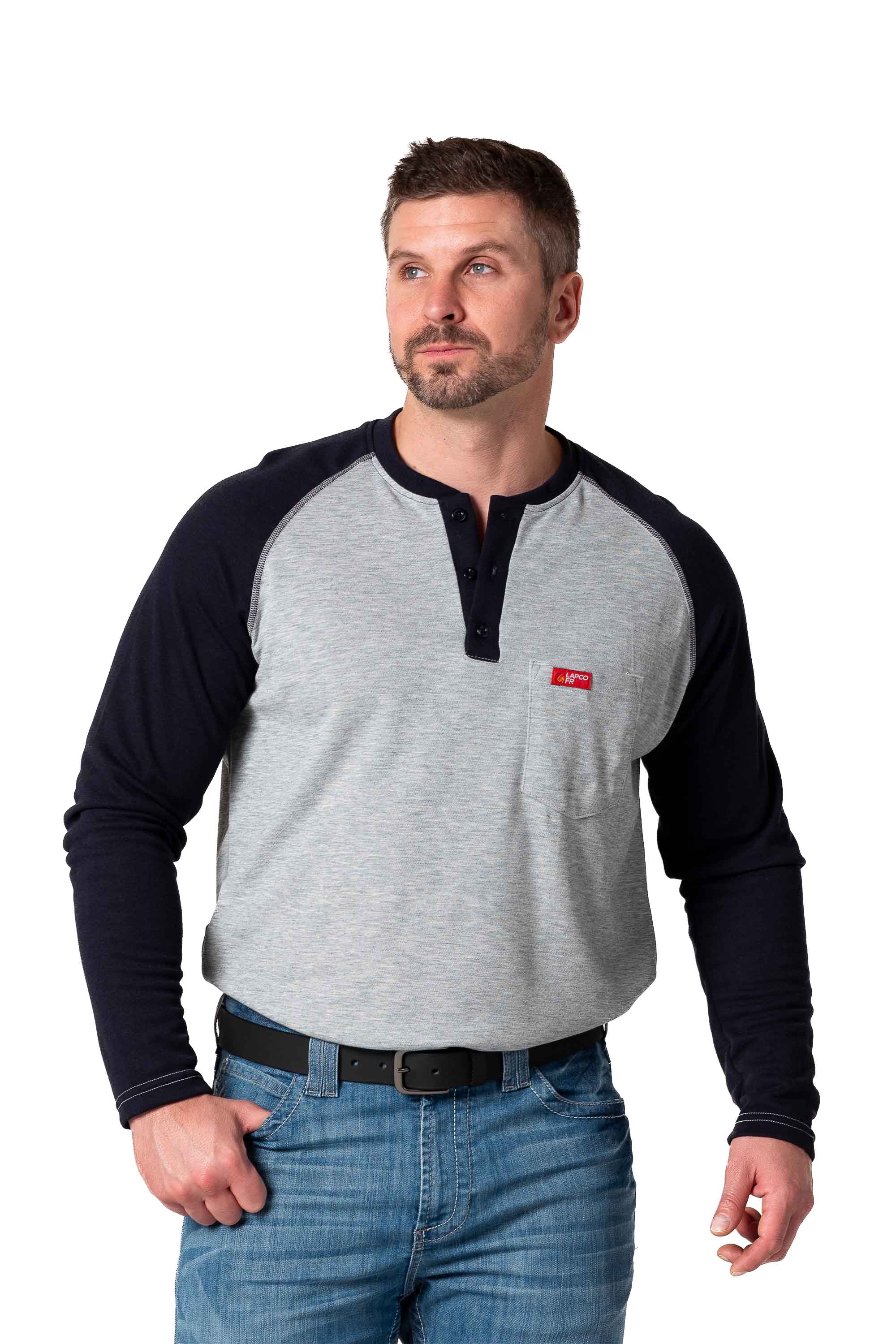 Flame-Resistant Raglan Sleeve Henley T-Shirt – 6oz. Inherent Knit | Gray-Navy