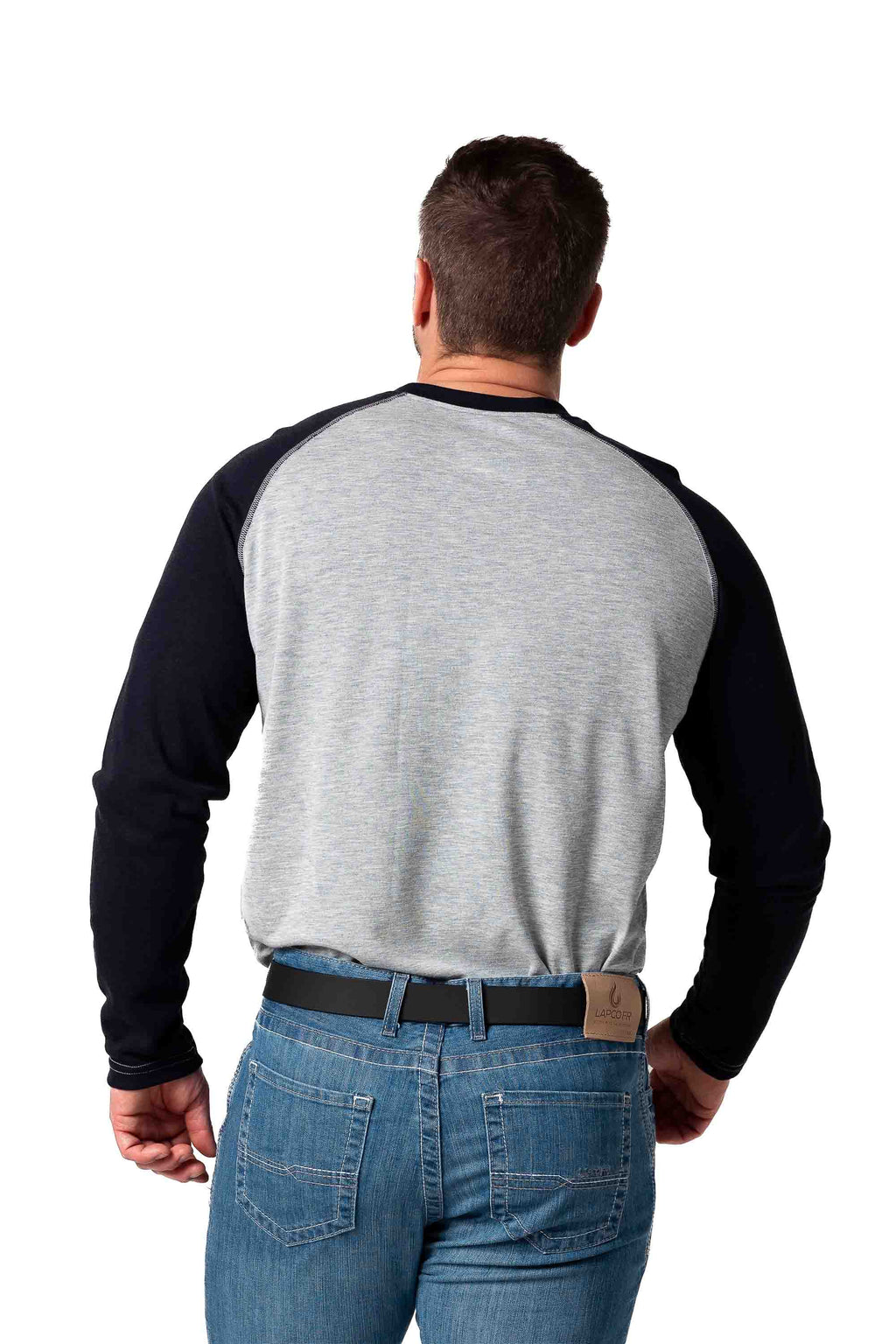 Flame-Resistant Raglan Sleeve Henley T-Shirt – 6oz. Inherent Knit | Gray-Navy