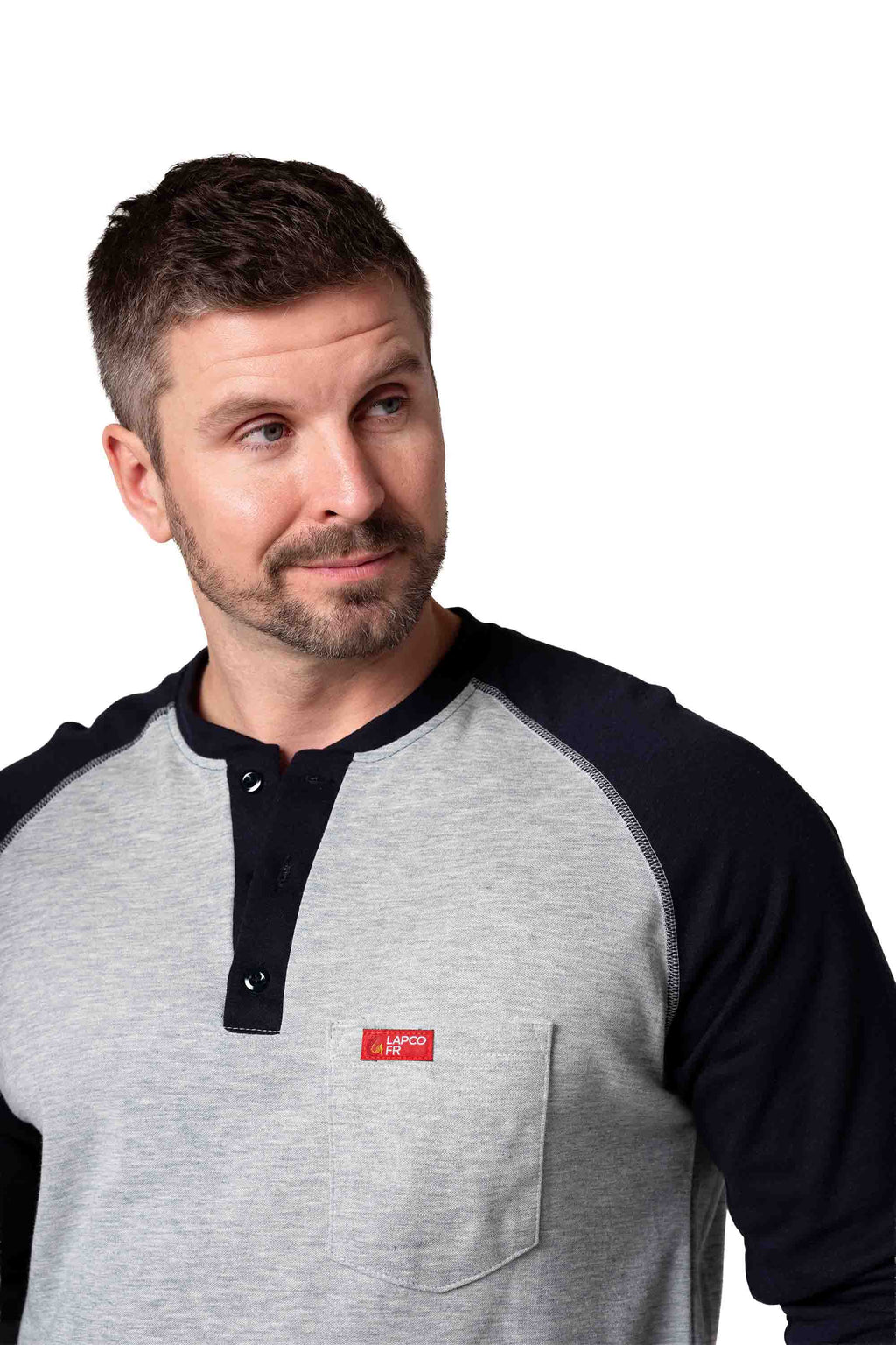 Flame-Resistant Raglan Sleeve Henley T-Shirt – 6oz. Inherent Knit | Gray-Navy