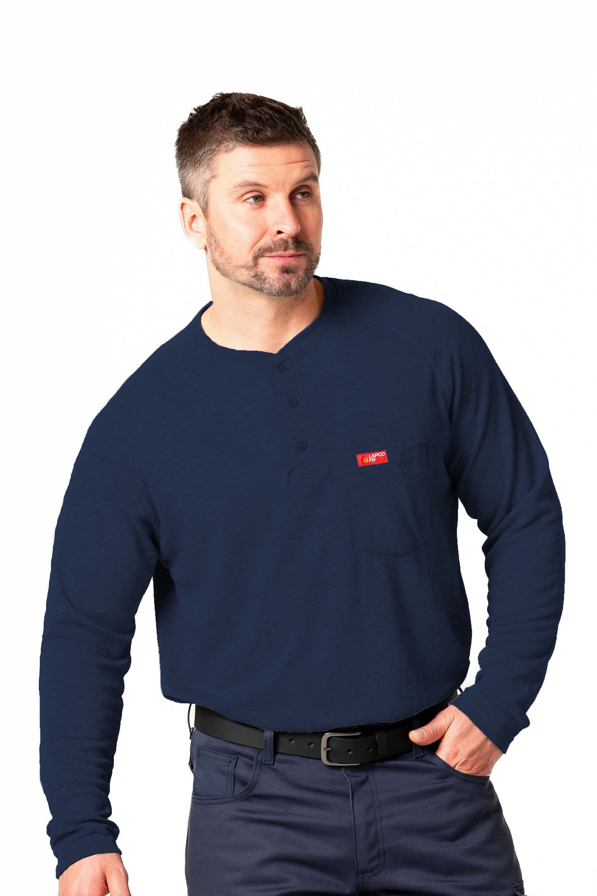 Flame-Resistant Raglan Sleeve Henley T-Shirt – 6oz. Inherent Knit | Navy
