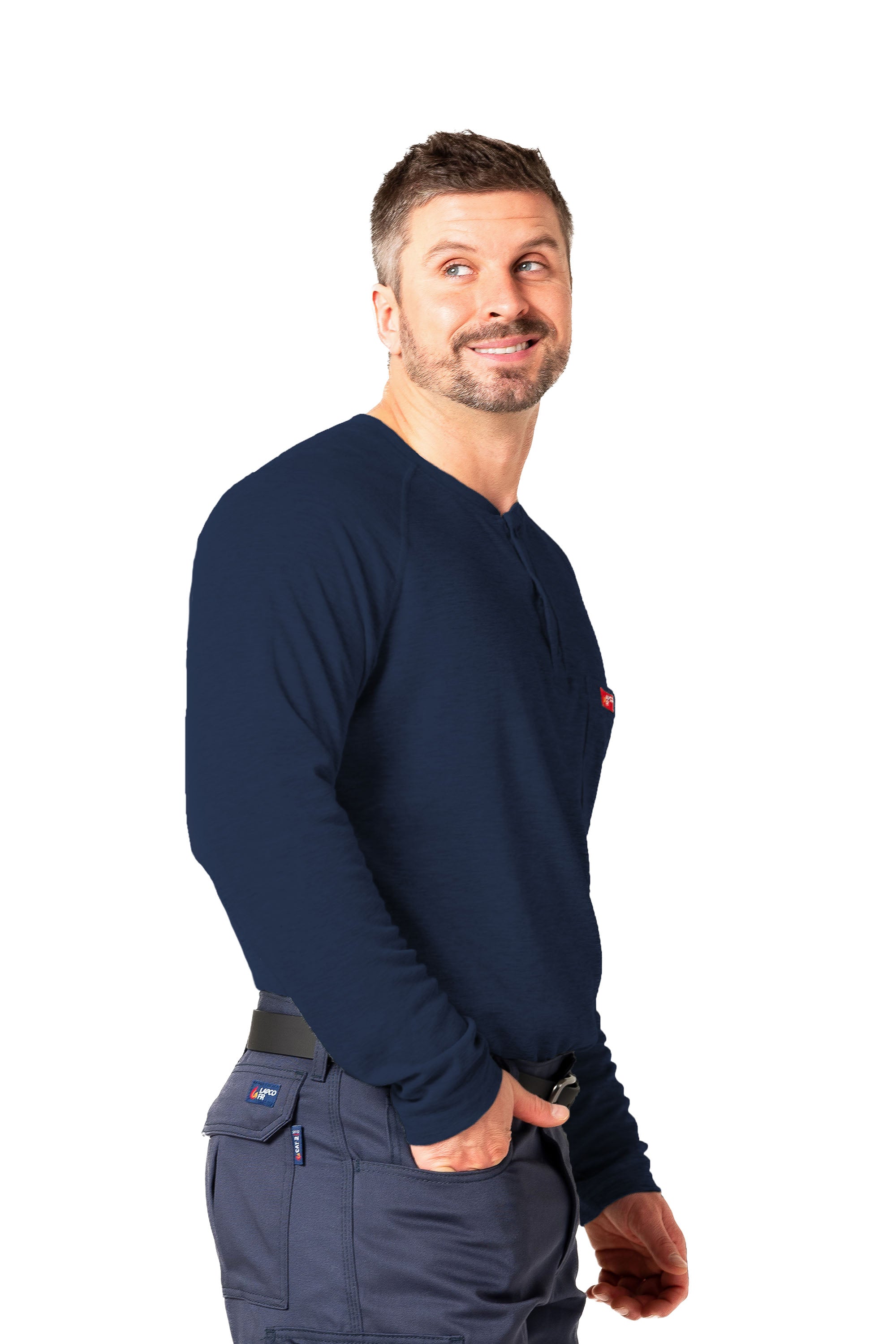 Flame-Resistant Raglan Sleeve Henley T-Shirt – 6oz. Inherent Knit | Navy