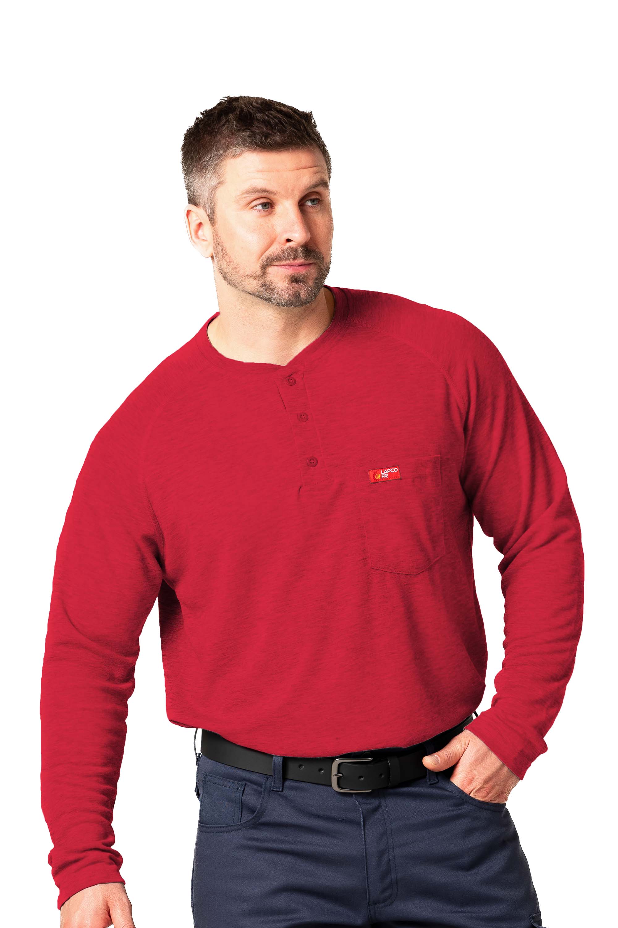 Flame-Resistant Raglan Sleeve Henley T-Shirt – 6oz. Inherent Knit | Red