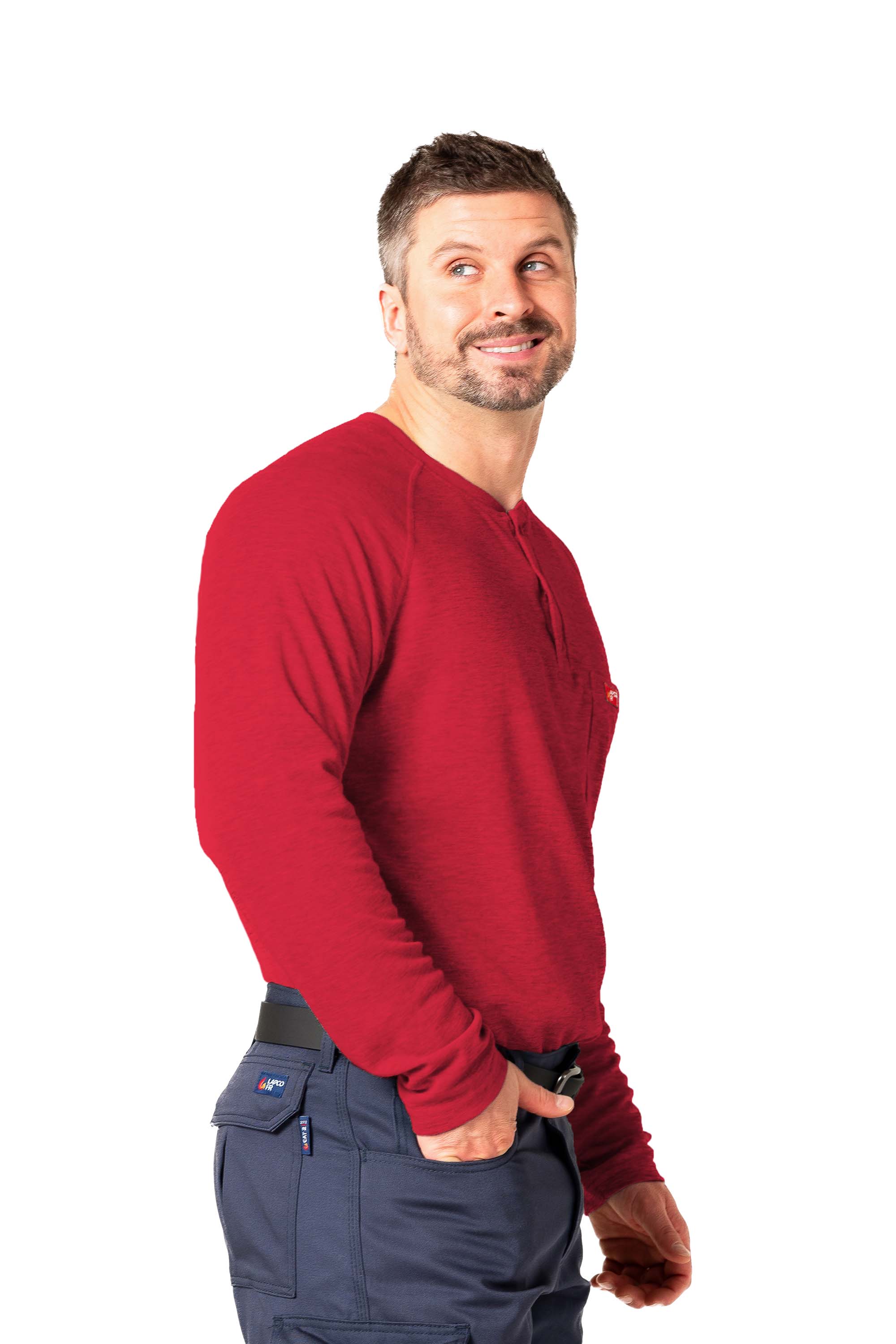 Flame-Resistant Raglan Sleeve Henley T-Shirt – 6oz. Inherent Knit | Red
