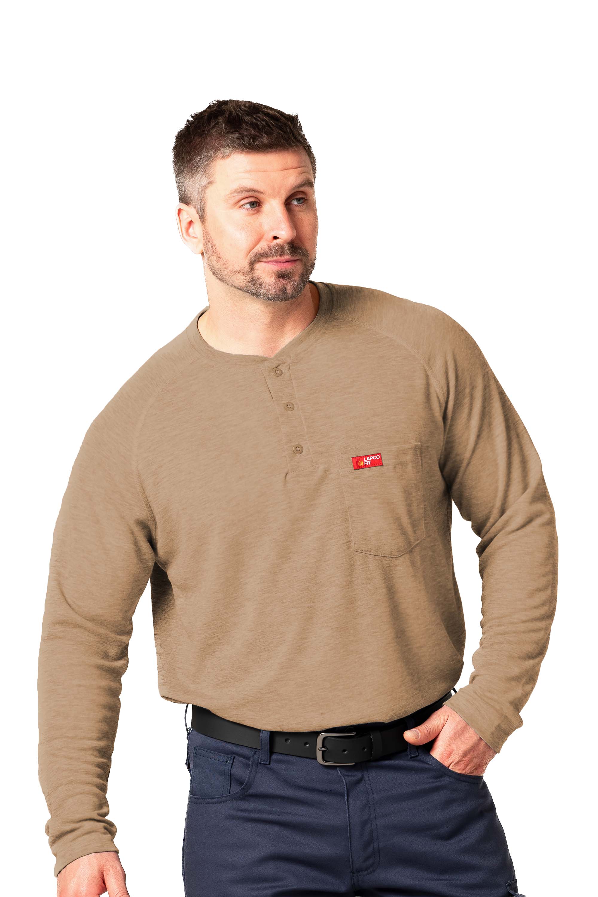 Flame-Resistant Raglan Sleeve Henley T-Shirt – 6oz. Inherent Knit | Tan