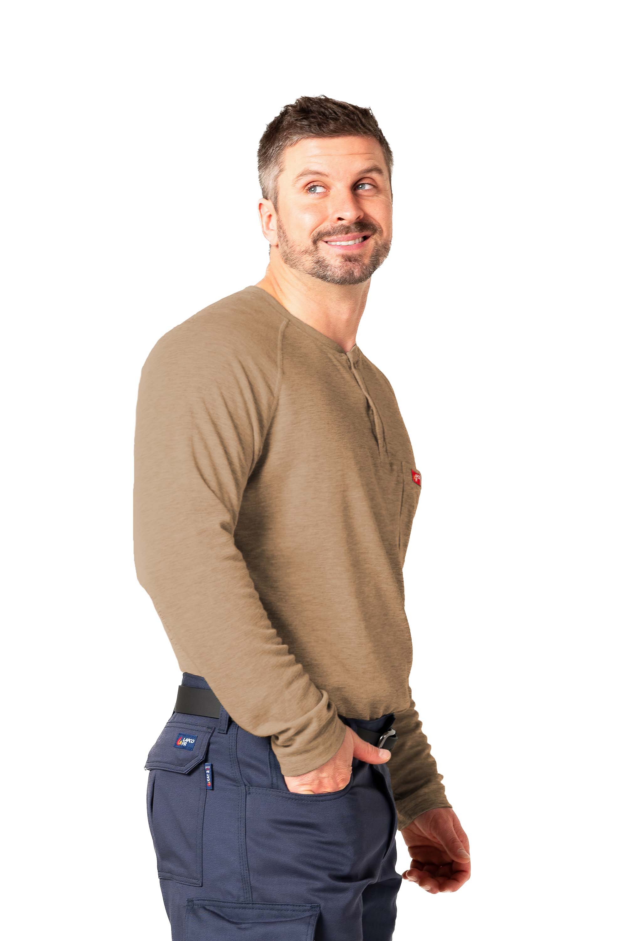 Flame-Resistant Raglan Sleeve Henley T-Shirt – 6oz. Inherent Knit | Tan
