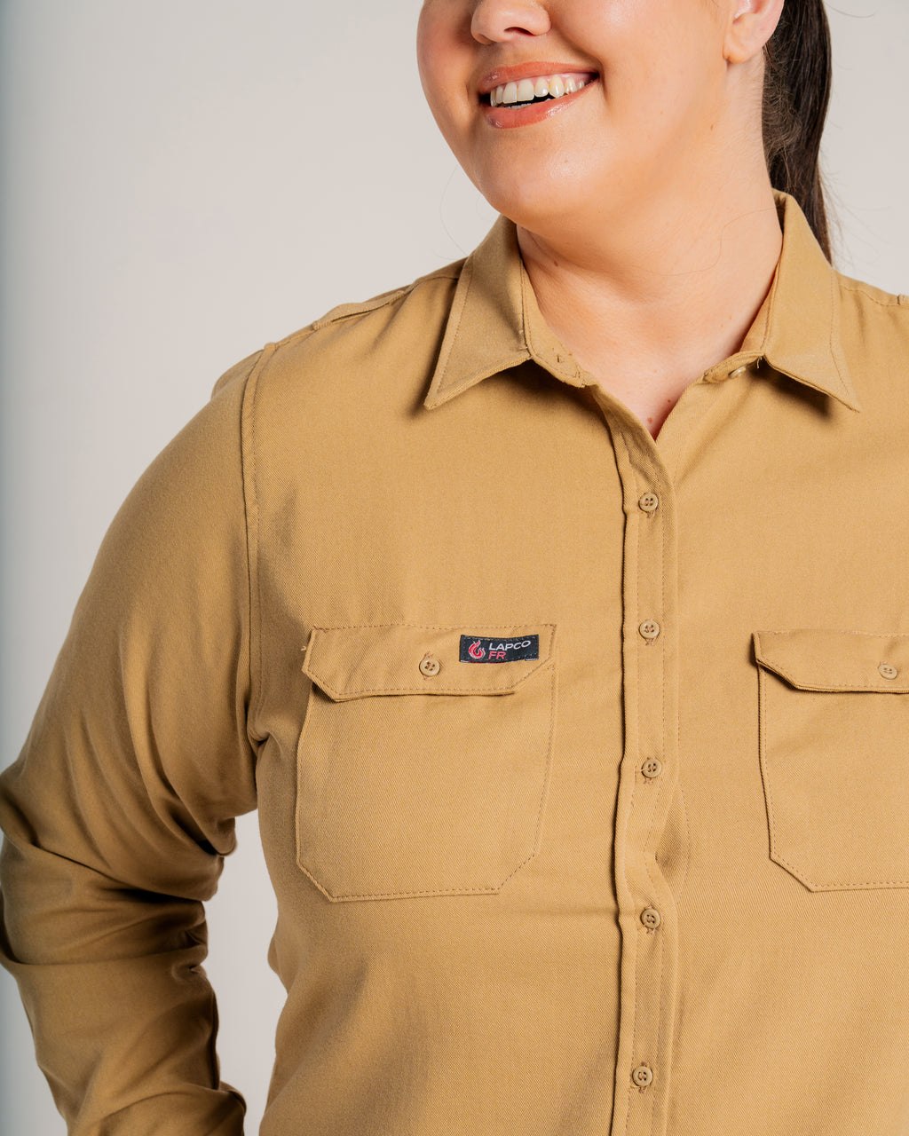 Women's FR Uniform Shirts made with 5oz. TecaSafe One® Inherent | Khaki