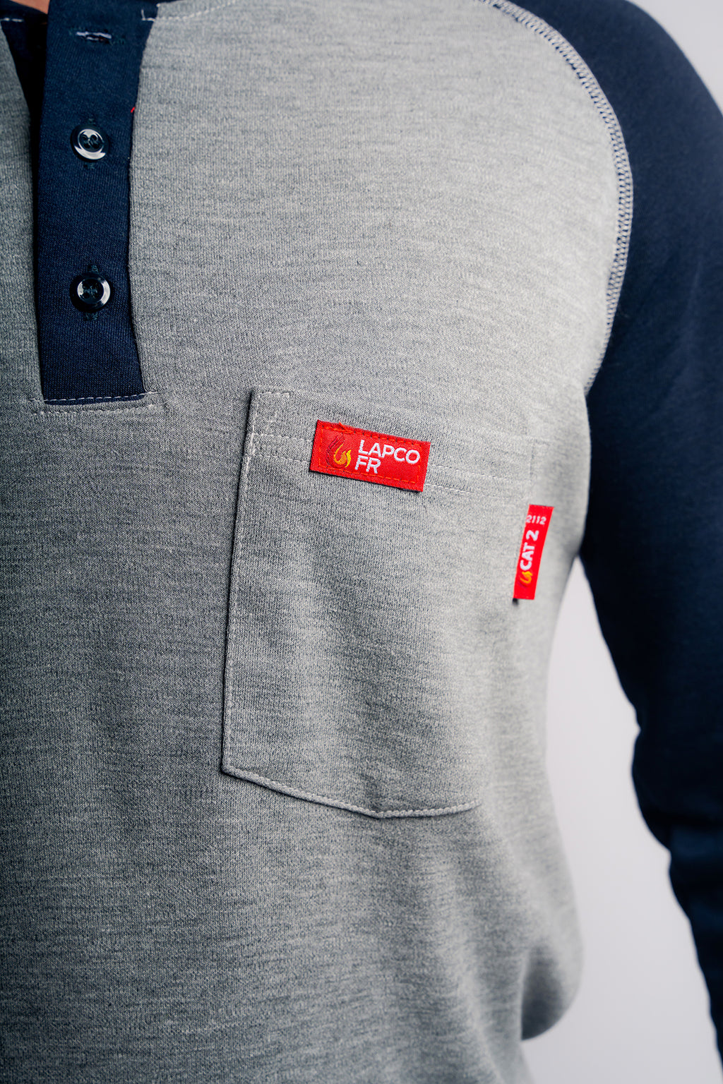 Flame-Resistant Raglan Sleeve Henley T-Shirt – 6oz. Inherent Knit | Gray-Navy