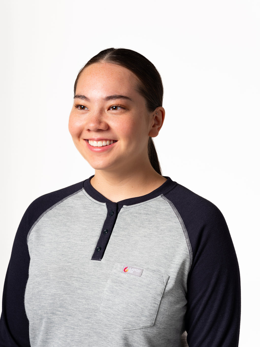 Women's FR Raglan Henley – 6oz. Inherent Knit | Gray-Navy