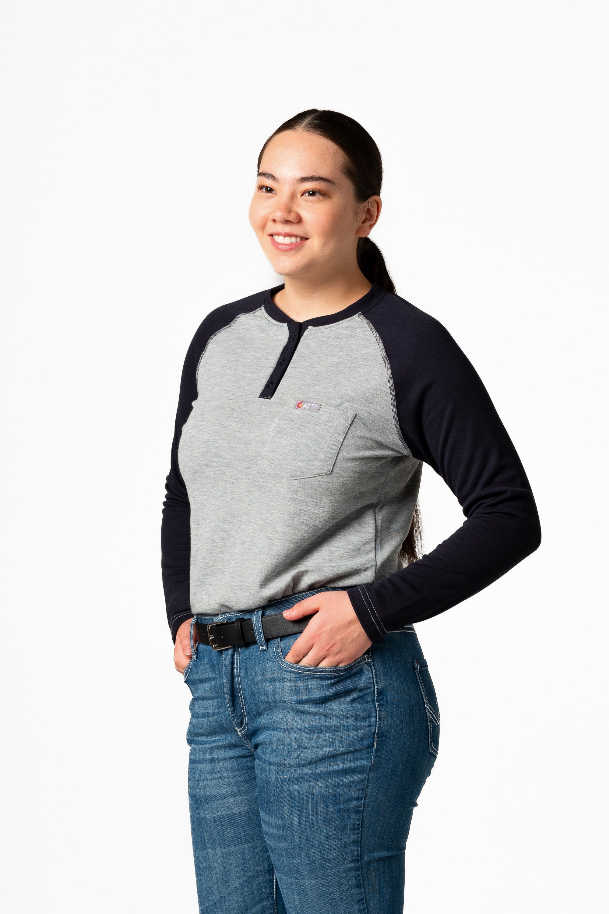 Women's FR Raglan Henley – 6oz. Inherent Knit | Gray-Navy